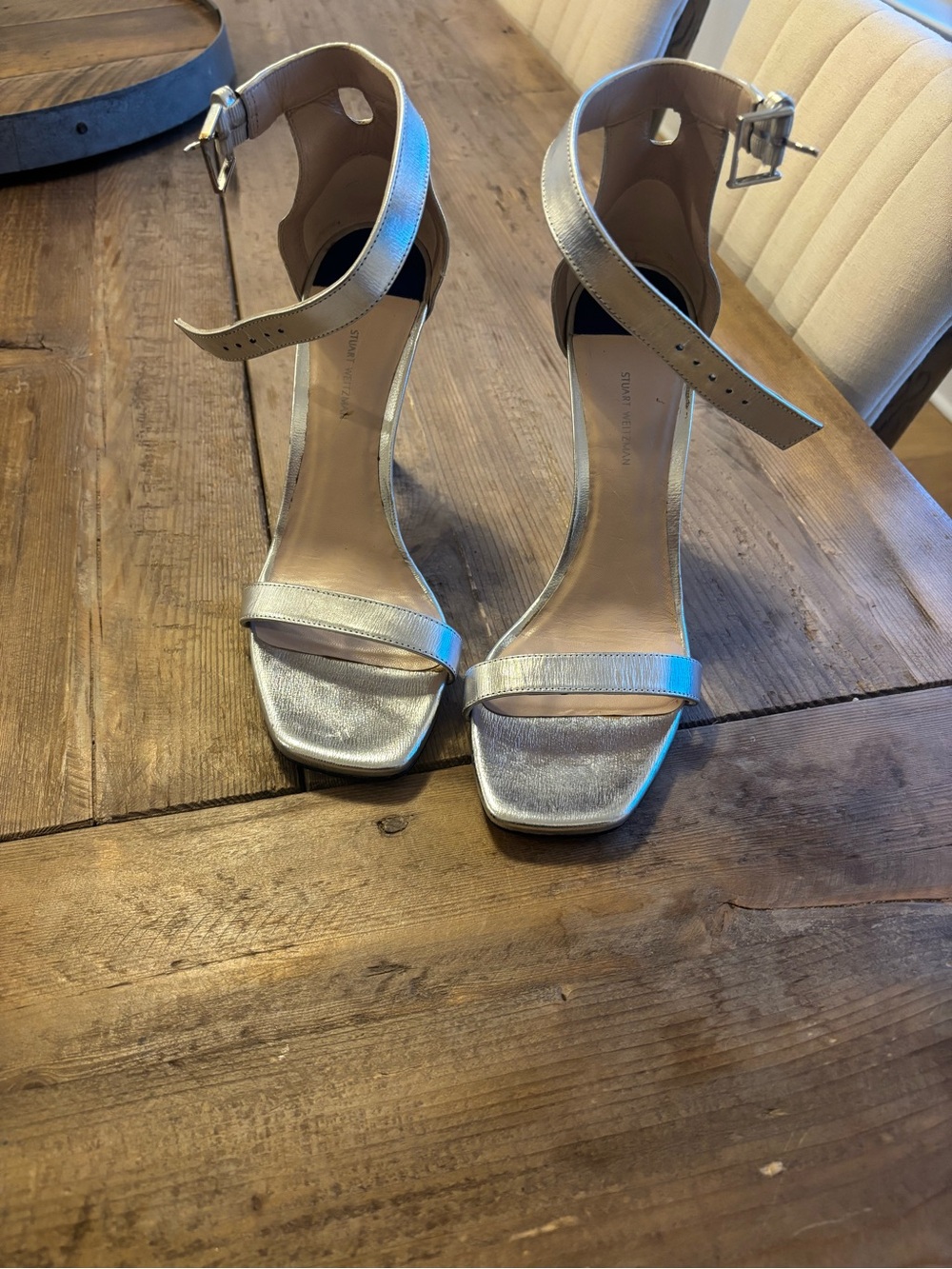 Stuart Weitzman Metallic Silver Ankle-Strap Sandals